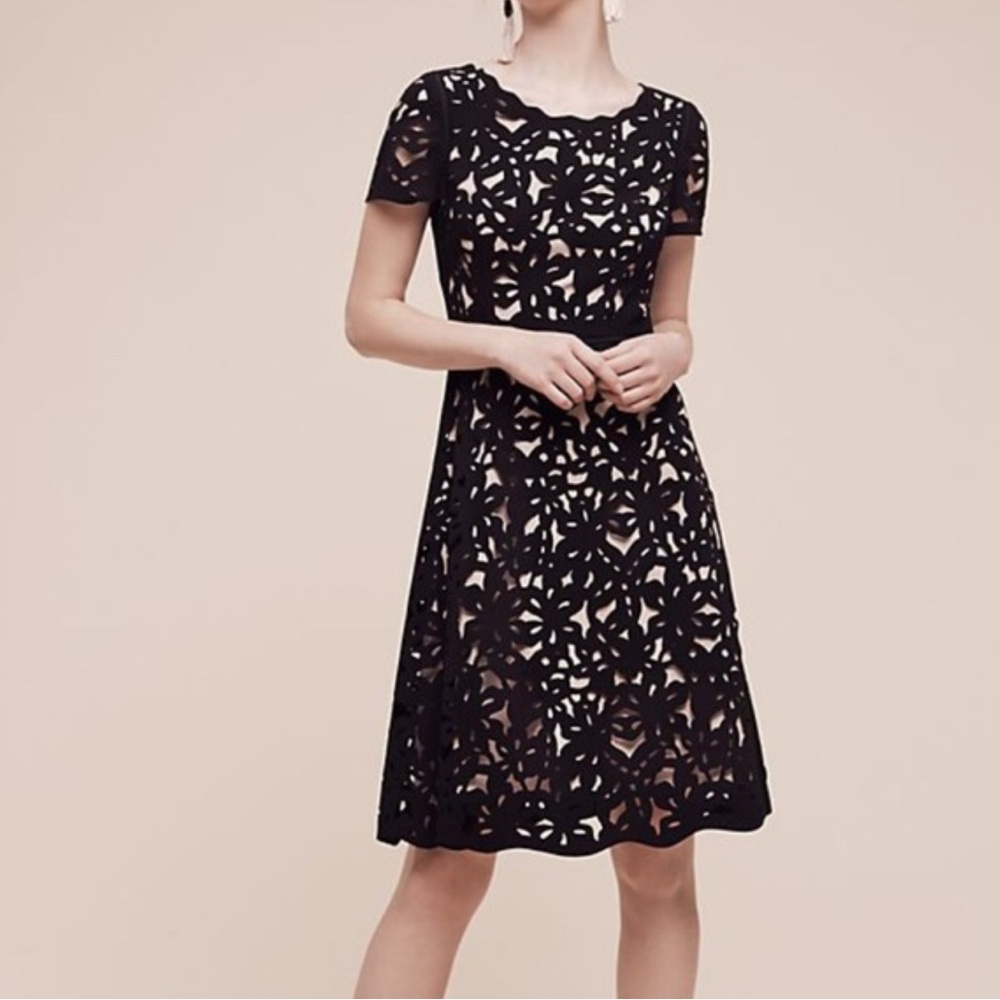 Moulinette Soeurs x Anthropologie Aliz Laser-cut Black Lace Dress Sz 4
